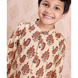 Babyhug Full Sleeves Kurta & Dhoti Peacock Print - Cream