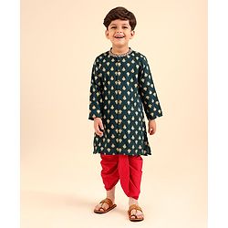 Babyhug Full Sleeves Cotton Printed Kurta & Solid Colour Dhoti Set- Green