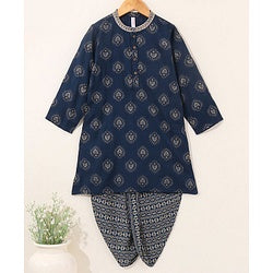 Babyhug Full Sleeves Kurta and Dhoti Set Block Print - Navy
