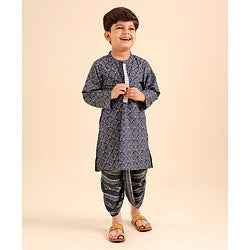 Babyhug Full Sleeves Cotton Kurta & Dhoti Set Printed- Steel Grey