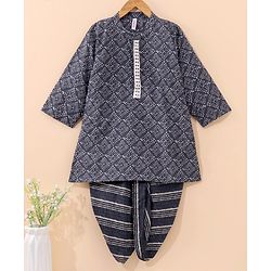 Babyhug Full Sleeves Cotton Kurta & Dhoti Set Printed- Steel Grey