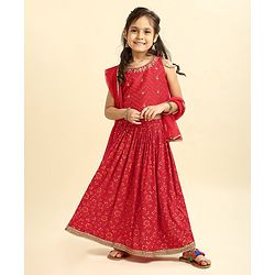 Babyhug Woven Sleeveless Choli & Lehenga Set with Dupatta Embellished & Printed - Red