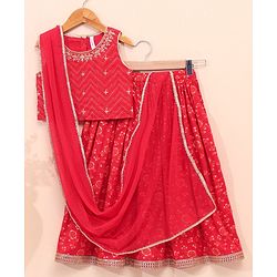 Babyhug Woven Sleeveless Choli & Lehenga Set with Dupatta Embellished & Printed - Red