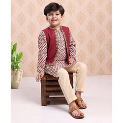 Babyhug Full Sleeves Cotton Kurta & Pyjama Set With Waistcoat Printed- Beige