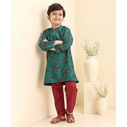 Babyhug Cotton Woven  Full Sleeves Bagh Printed Kurta & Pyjama Set - Green