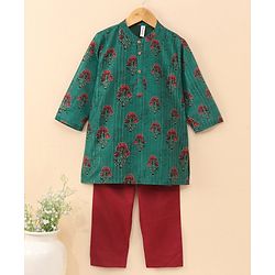 Babyhug Cotton Woven  Full Sleeves Bagh Printed Kurta & Pyjama Set - Green