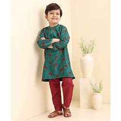 Babyhug Cotton Woven  Full Sleeves Bagh Printed Kurta & Pyjama Set - Green