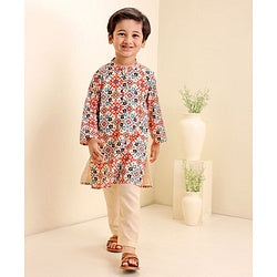 Babyhug Full Sleeves Kurta Pyjama Set Printed - Cream