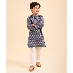 Babyhug Cotton Woven Full Sleeves Kurta & Pajama Set Floral Print - Grey