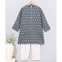 Babyhug Cotton Woven Full Sleeves Kurta & Pajama Set Floral Print - Grey