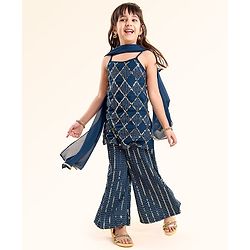 Babyhug Singlet Kurti & Sharara with Dupatta Sequins Detailing - Blue