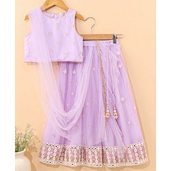 Babyhug Sleeveless Choli & Lehenga With Dupatta Embroidery & Net Detailing - Sheer Lilac