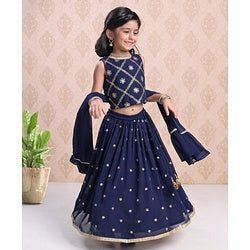 Babyhug Sleeveless Choli & Lehenga With Dupatta Sequin Detailing - Dark Blue