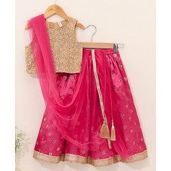 Babyhug Sleeveless Choli & Lehenga Set With Dupatta & Embellishment - Fuchsia Pink