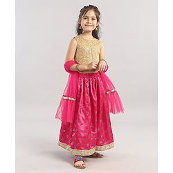 Babyhug Sleeveless Choli & Lehenga Set With Dupatta & Embellishment - Fuchsia Pink