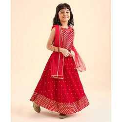 Babyhug Woven Sleeveless Embroidery Choli Lehenga With Dupatta - Red