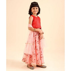 Babyhug Sleeveless Sequinned Choli & Embroidered Lehenga With Dupatta Set - Red Pink