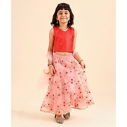 Babyhug Sleeveless Sequinned Choli & Embroidered Lehenga With Dupatta Set - Red Pink