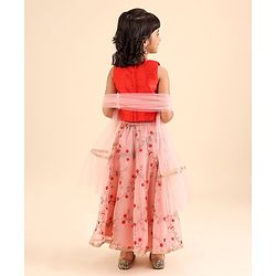 Babyhug Sleeveless Sequinned Choli & Embroidered Lehenga With Dupatta Set - Red Pink