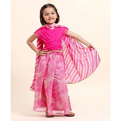 Babyhug Half Sleeves Choli Lehenga And Dupatta With Lehriya Print- Pink