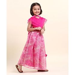 Babyhug Half Sleeves Choli Lehenga And Dupatta With Lehriya Print- Pink