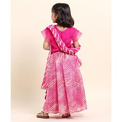 Babyhug Half Sleeves Choli Lehenga And Dupatta With Lehriya Print- Pink