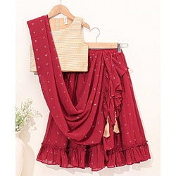 Babyhug Woven Sleeveless Choli With Embroidered Lehenga & Dupatta - Red