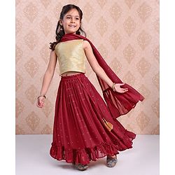 Babyhug Woven Sleeveless Choli With Embroidered Lehenga & Dupatta - Red