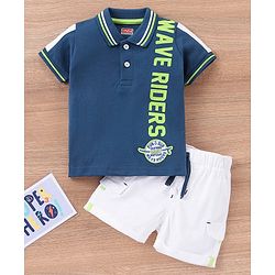 Babyhug Cotton Half Sleeves T-Shirt & Shorts Set Stripes & Text Print- Blue White