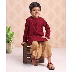 Babyhug Full Sleeves Woven Embroidered Kurta & Dhoti Set - Maroon