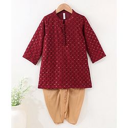 Babyhug Full Sleeves Woven Embroidered Kurta & Dhoti Set - Maroon