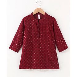 Babyhug Full Sleeves Woven Embroidered Kurta & Dhoti Set - Maroon