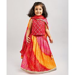 Babyhug Woven Sleeveless Bandhani Print Choli Lehenga With Dupatta - Red