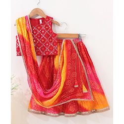 Babyhug Woven Sleeveless Bandhani Print Choli Lehenga With Dupatta - Red