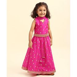 Babyhug Woven Sleeveless Embroidery Choli Lehenga With Dupatta - Dark Pink