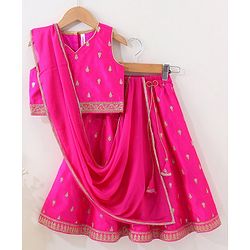 Babyhug Woven Sleeveless Embroidery Choli Lehenga With Dupatta - Dark Pink