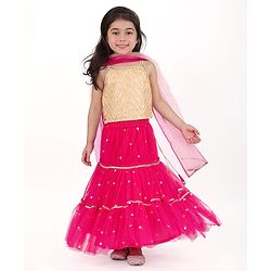 Babyhug Singlet Sleeves Woven Sequinned Lehenga & Choli Set With Dupatta - Fuchsia Pink