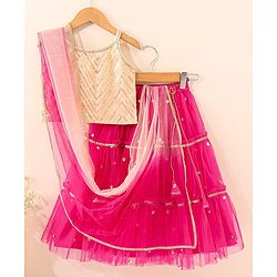 Babyhug Singlet Sleeves Woven Sequinned Lehenga & Choli Set With Dupatta - Fuchsia Pink