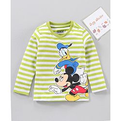 Babyhug Full Sleeves Striped T-Shirt Mickey Mouse & Donald Duck Print - Green