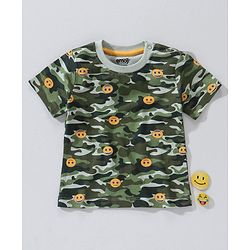 Babyhug Cotton Knit Half Sleeves T-Shirt Camouflage with Emoji Print - Green