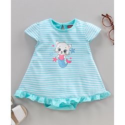 Babyhug Cotton Knit Cap Sleeves Onesie Striped & Cat Print - Blue