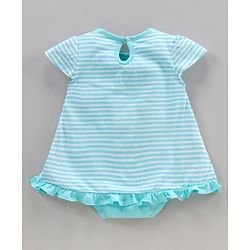 Babyhug Cotton Knit Cap Sleeves Onesie Striped & Cat Print - Blue