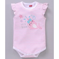 Babyhug 100% Cotton Half Sleeves Printed and Striped Onesie - Pink