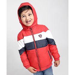 Babyhug Full Sleeves Color Block Hooded Jacket - Red Off White