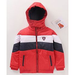 Babyhug Full Sleeves Color Block Hooded Jacket - Red Off White