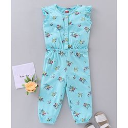Babyhug 100% Cotton Short Sleeves Floral Printed Jumpsuit - Mint
