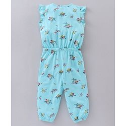 Babyhug 100% Cotton Short Sleeves Floral Printed Jumpsuit - Mint