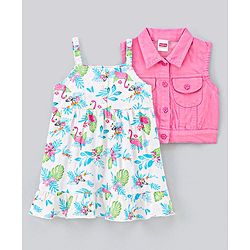 Babyhug 100% Cotton Sleeveless Frock With Jacket Leaf Print - White
