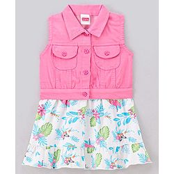 Babyhug 100% Cotton Sleeveless Frock With Jacket Leaf Print - White