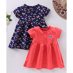 Babyhug 100% Cotton Half Sleeves Frocks Butterfly Print Pack Of 2 - Navy Blue Red
